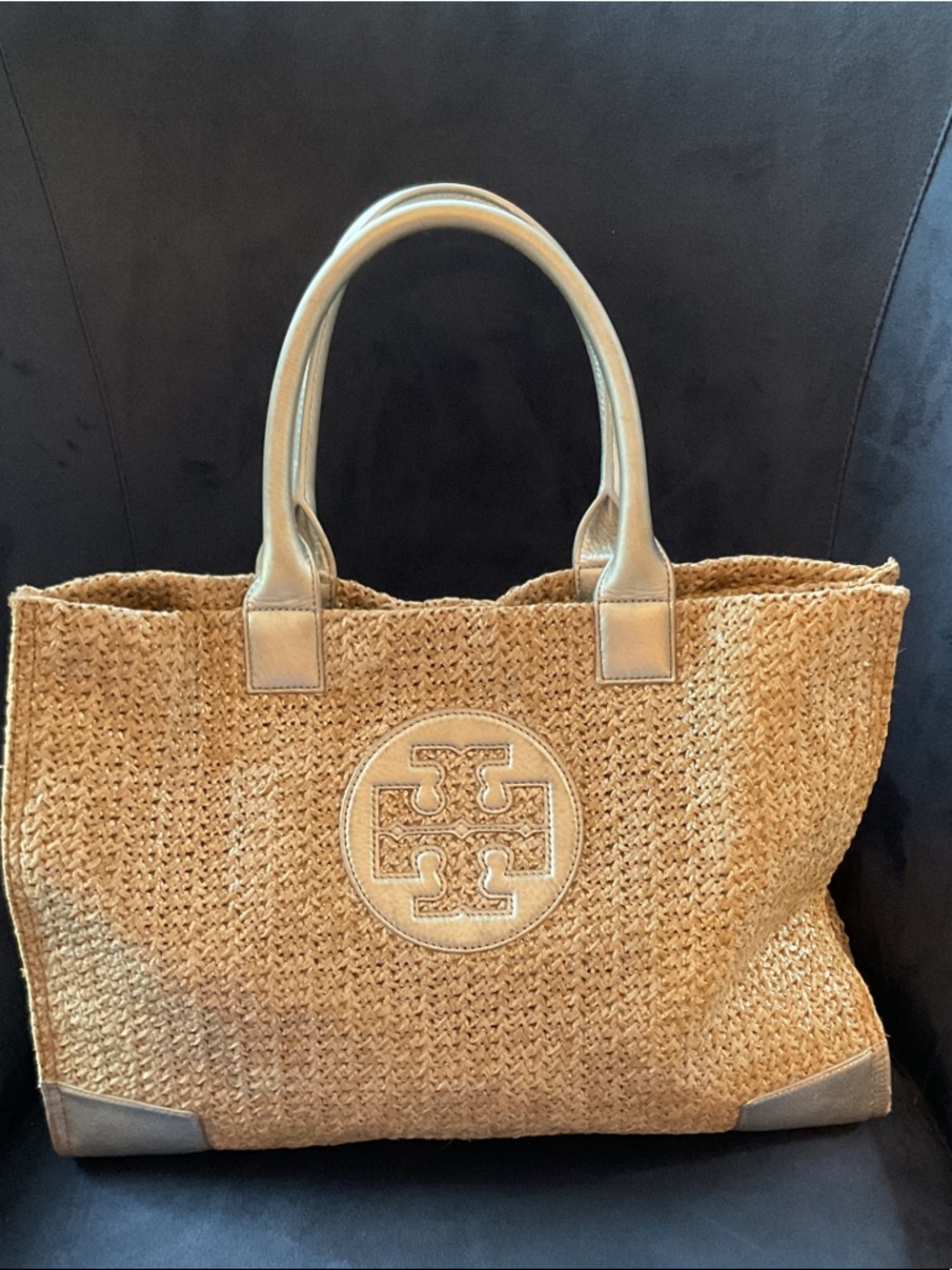 Tory Burch Tan Raffia Tote with Silver Leather Trim - Picture 4 of 10